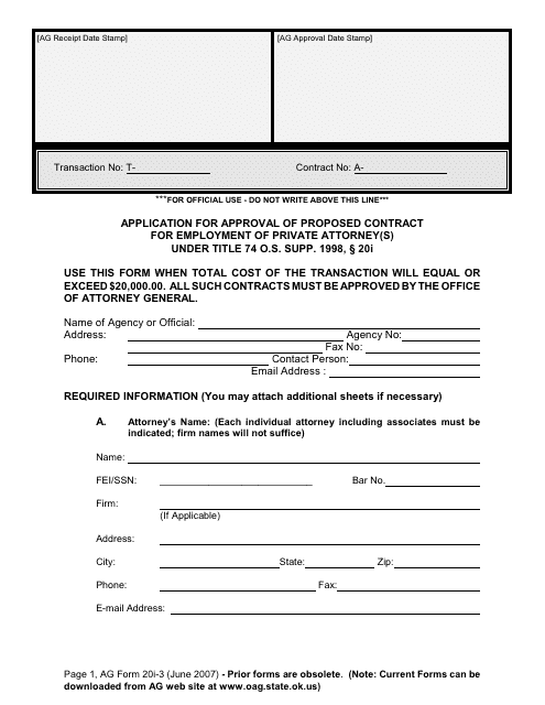 AG Form 20I-3 Application for Approval of Proposed Contract for Employment of Private Attorney(S) Under Title 74 O.s. Supp. 1998, 20i - Oklahoma
