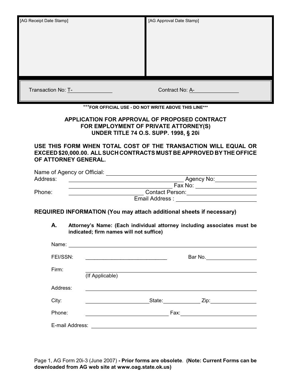 AG Form 20I-3 Application for Approval of Proposed Contract for Employment of Private Attorney(S) Under Title 74 O.s. Supp. 1998, 20i - Oklahoma, Page 1