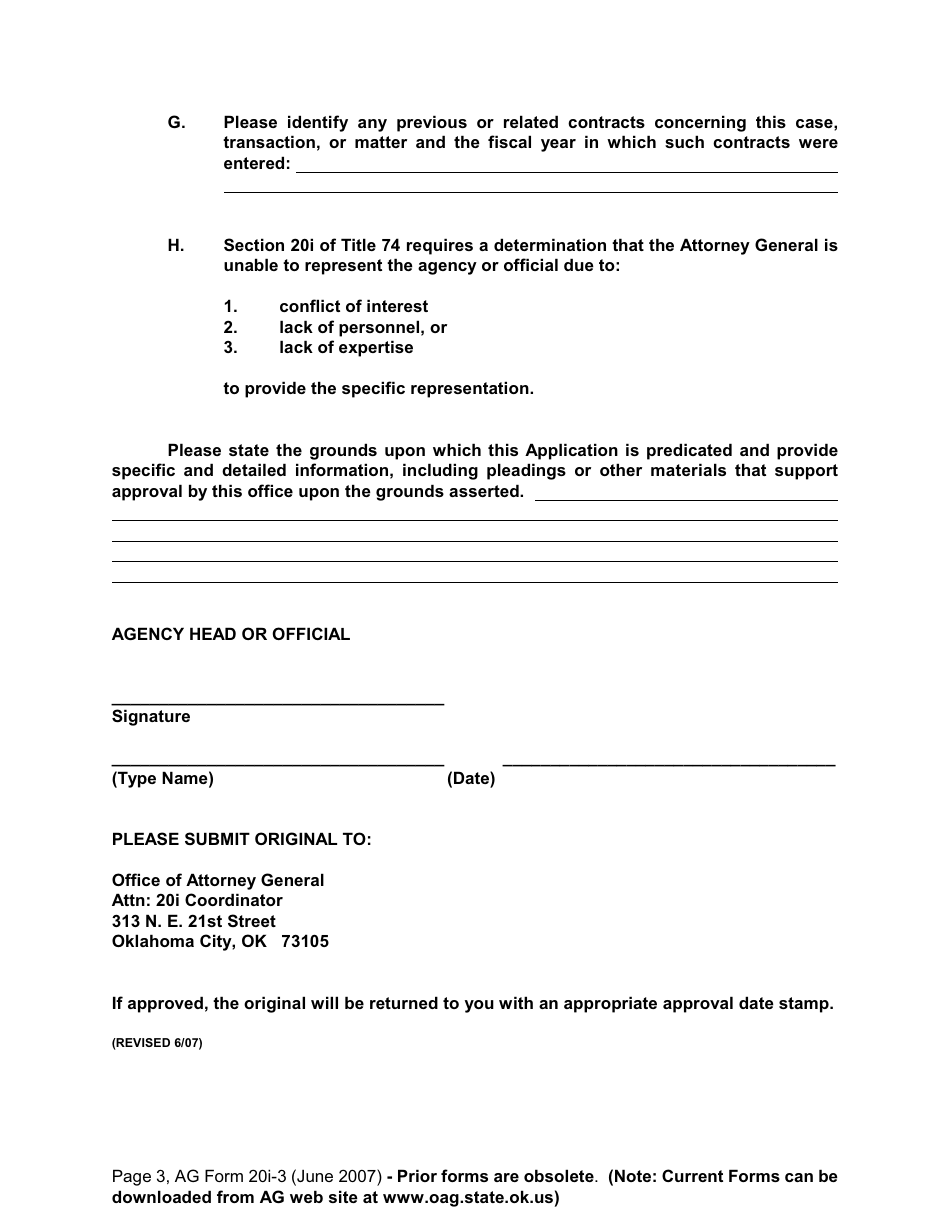 AG Form 20I-3 Application for Approval of Proposed Contract for Employment of Private Attorney(S) Under Title 74 O.s. Supp. 1998, 20i - Oklahoma, Page 3