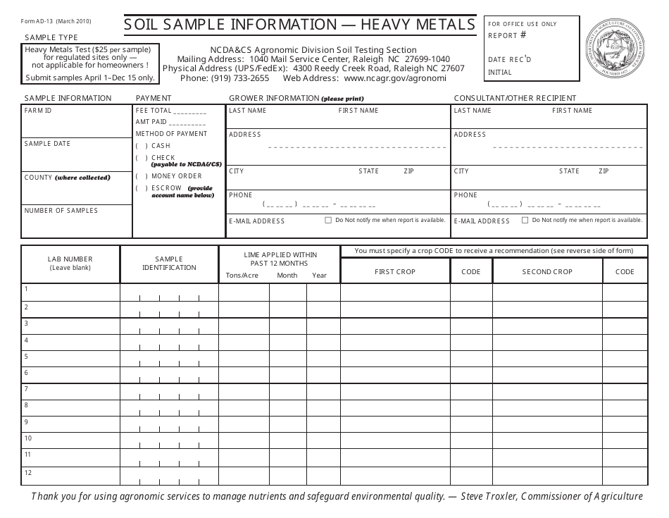 Form AD-13 Soil Sample Information - Heavy Metals - North Carolina, Page 1