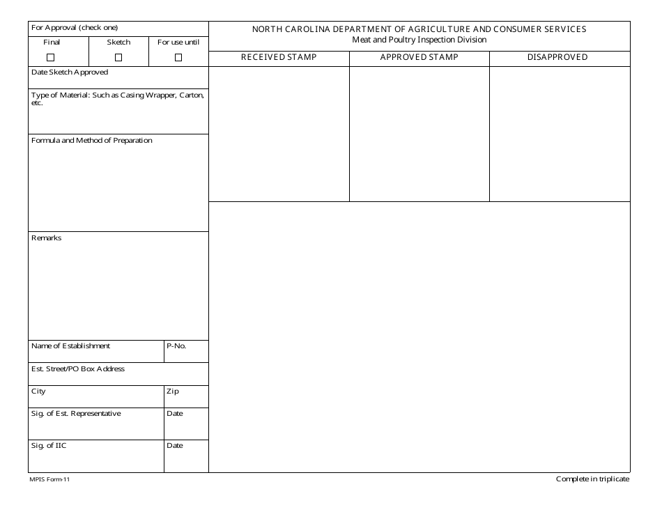 MPIS Form 11 Labeling Approval Form - North Carolina, Page 1