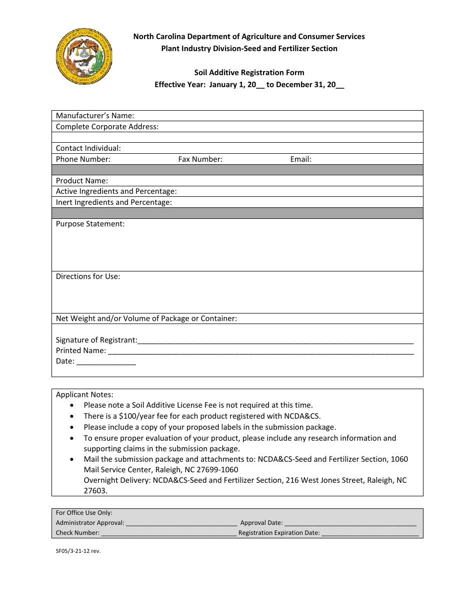 Form SF05 Soil Additive Registration Form - North Carolina, Page 1