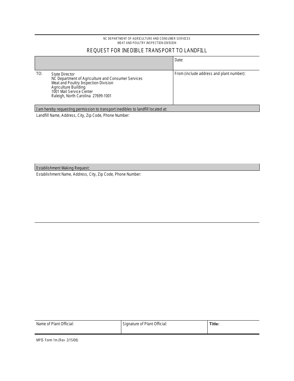MPIS Form 1M Request for Inedible Transport to Landfill - North Carolina, Page 1