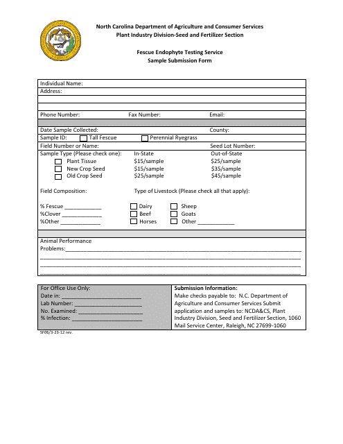 Form SF06 Fescue Endophyte Testing Service Sample Submission Form - North Carolina