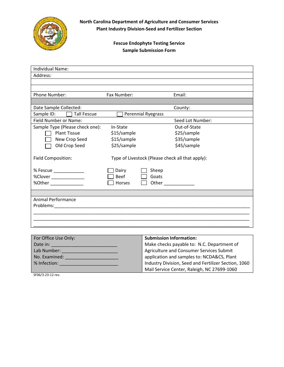 Form SF06 Fescue Endophyte Testing Service Sample Submission Form - North Carolina, Page 1