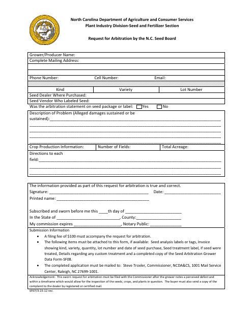 Form SF07 Request for Arbitration by the N.c. Seed Board - North Carolina