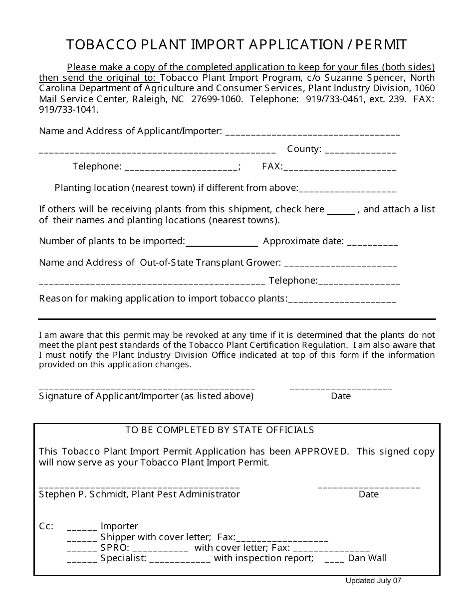 Tobacco Plant Import Application / Permit - North Carolina, Page 2