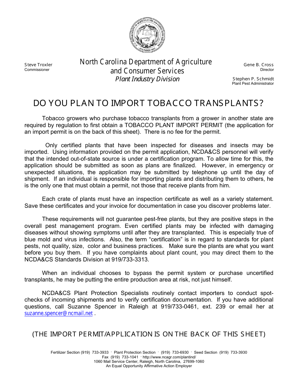 North Carolina Tobacco Plant Import Application / Permit