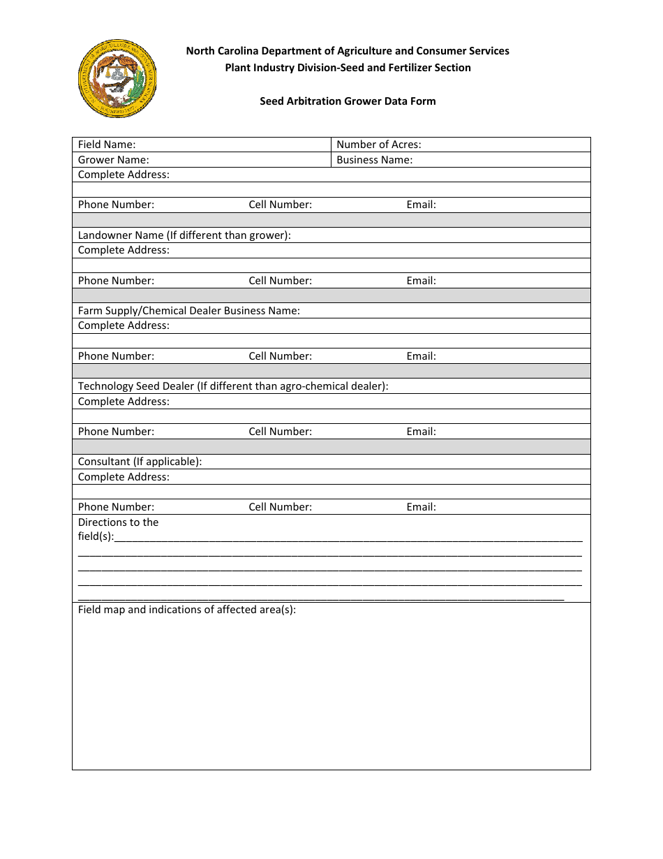 Form SF08 Seed Arbitration Grower Data Form - North Carolina, Page 1