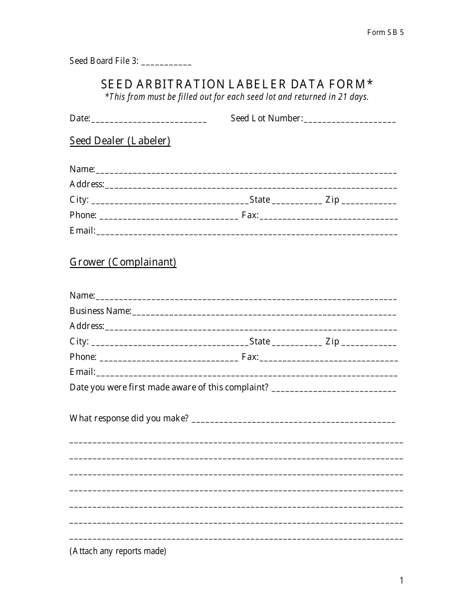 Form SB5 Seed Arbitration Labeler Data Form - North Carolina, Page 1