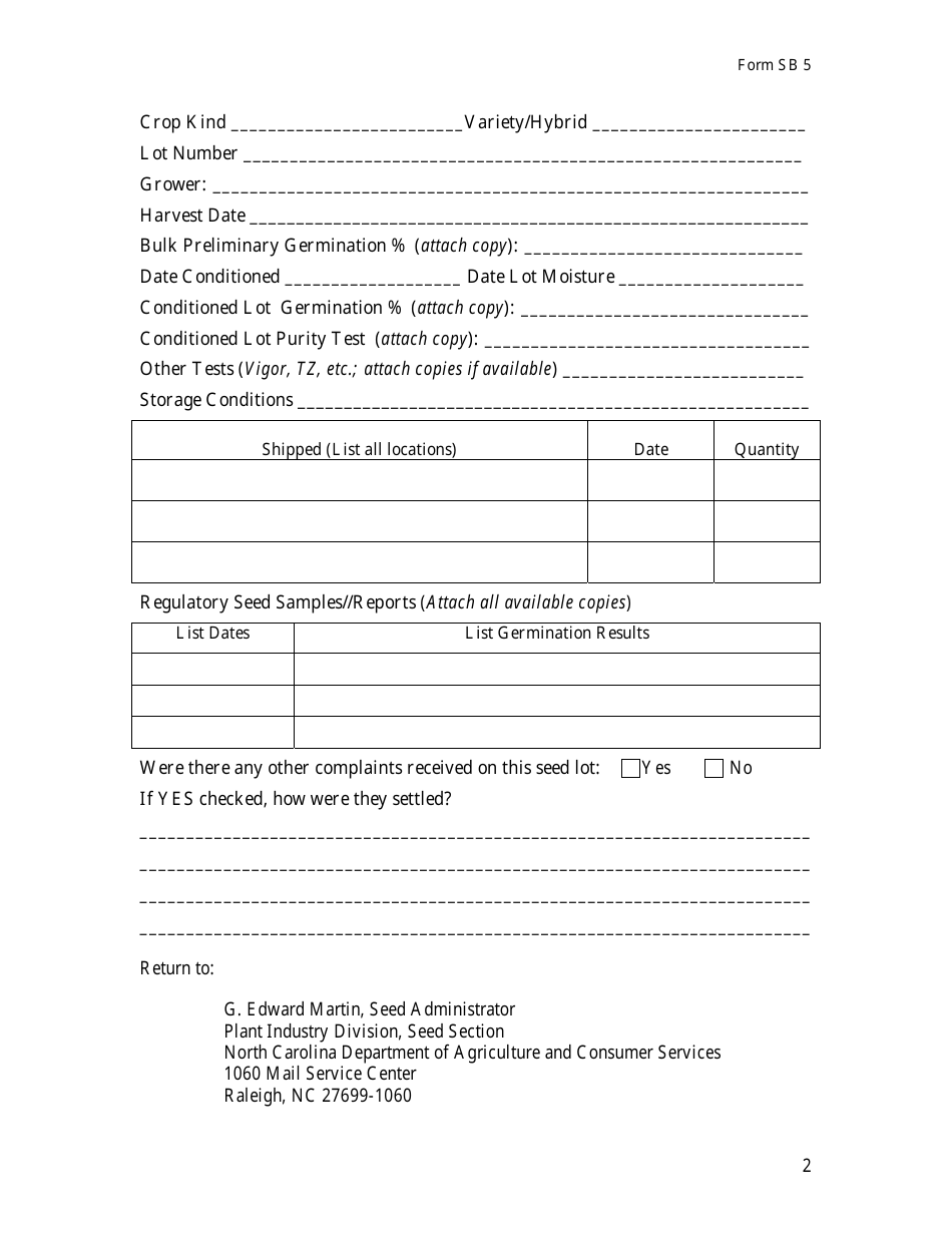 Form SB5 Seed Arbitration Labeler Data Form - North Carolina, Page 2