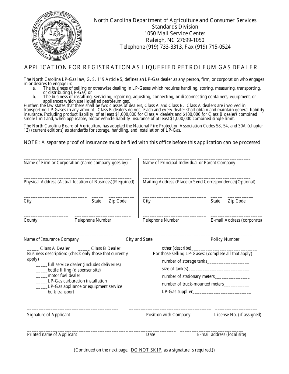 Application for Registration as Liquefied Petroleum Gas Dealer - North Carolina, Page 1