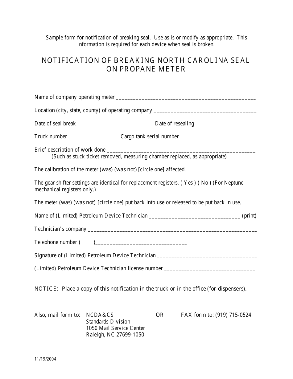 Sample Notification of Breaking North Carolina Seal on Propane Meter - North Carolina, Page 1