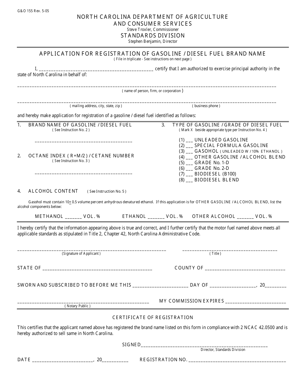 Form GO155 Application for Registration of Gasoline / Diesel Fuel Brand Name - North Carolina, Page 1