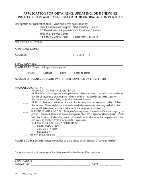 Form PC-1 Application for Obtaining, Updating, or Renewing Protected Plant Conservation or Propagation Permits - North Carolina