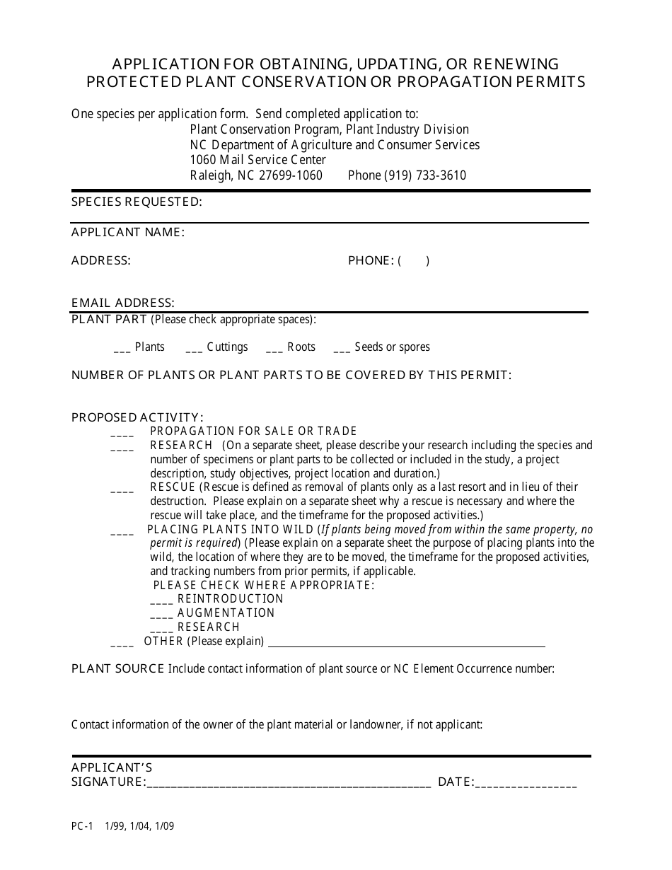 Form PC-1 Application for Obtaining, Updating, or Renewing Protected Plant Conservation or Propagation Permits - North Carolina, Page 1