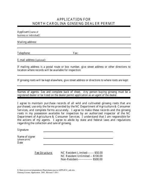 Application for North Carolina Ginseng Dealer Permit - North Carolina Download Pdf