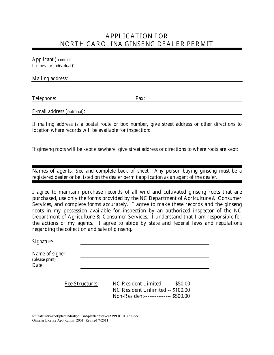 Application for North Carolina Ginseng Dealer Permit - North Carolina, Page 1