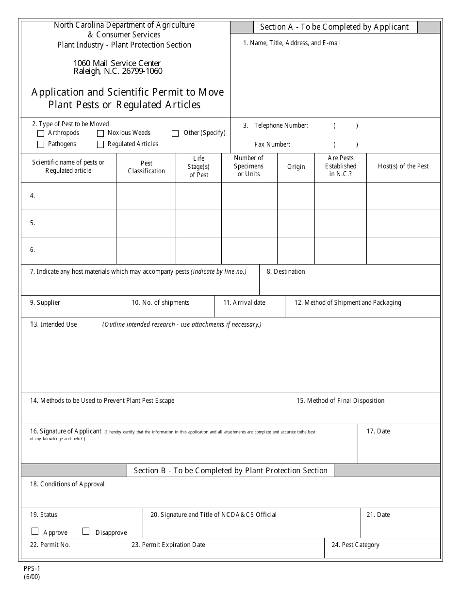 Form PPS-1 Application and Scientific Permit to Move Plant Pests or Regulated Articles - North Carolina, Page 1