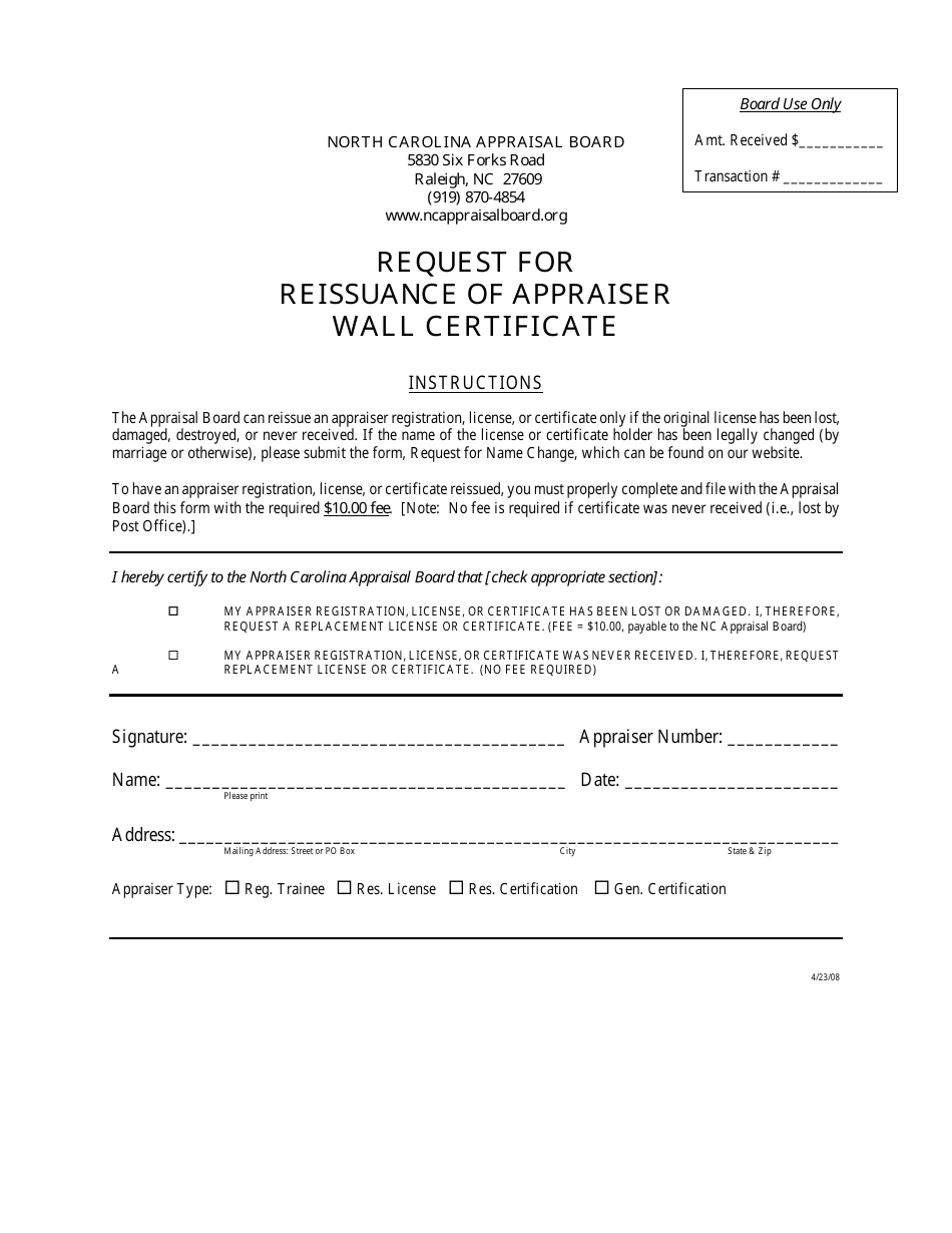 Request for Reissuance of Appraiser Wall Certificate - North Carolina, Page 1