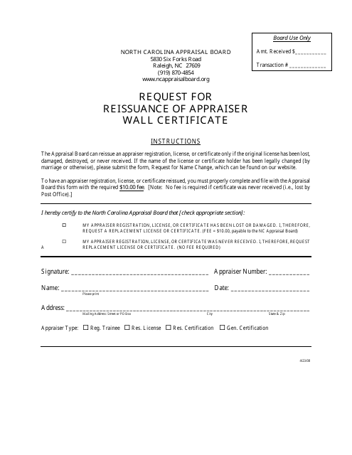 Request for Reissuance of Appraiser Wall Certificate - North Carolina Download Pdf