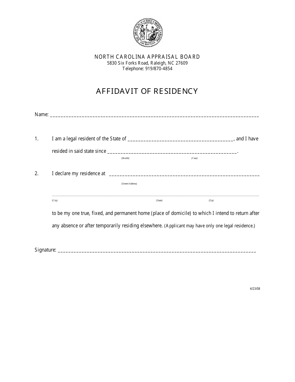 Affidavit of Residency - North Carolina, Page 1