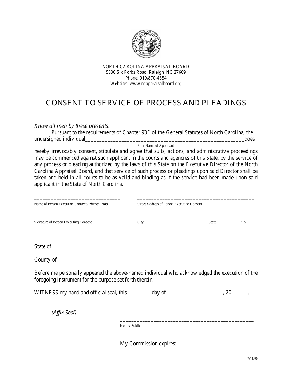 North Carolina Consent To Service Of Process And Pleadings Download Fillable Pdf Templateroller 5173