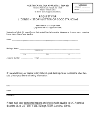 Document preview: Request for License History/Letter of Good Standing - North Carolina