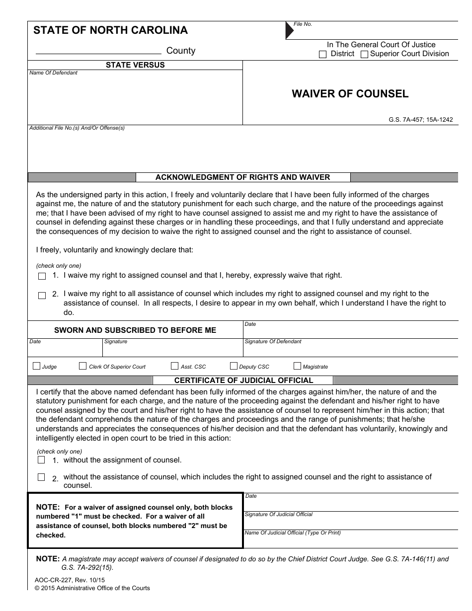 Form AOC-CR-227 Waiver of Counsel - North Carolina, Page 1