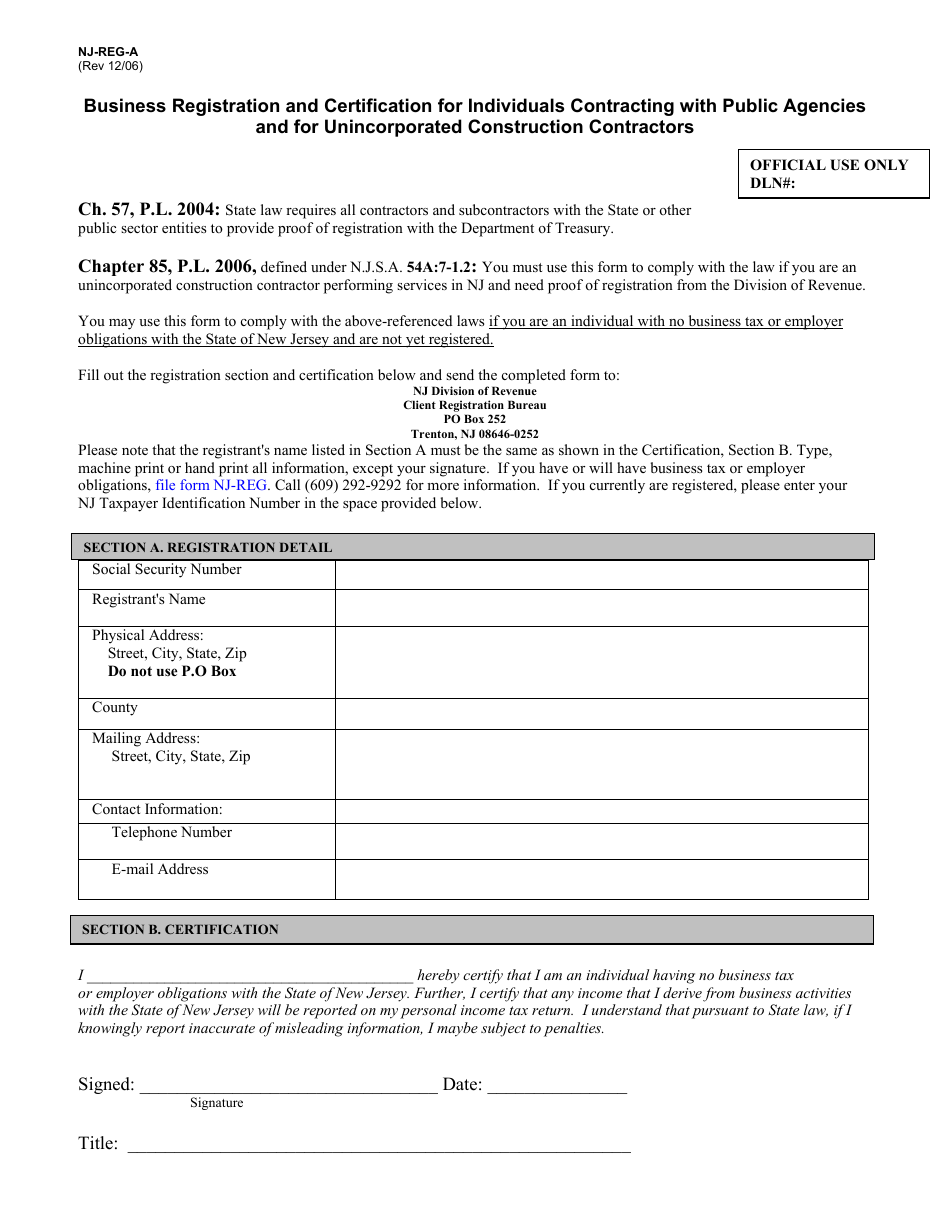 Form NJ-REG-A Business Registration and Certification for Individuals Contracting With Public Agencies and for Unincorporated Construction Contractors - New Jersey, Page 1
