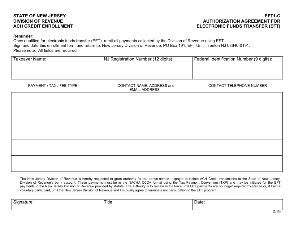 Form EFT1-C Authorization Agreement for Electronic Funds Transfer (Eft) - New Jersey, Page 1