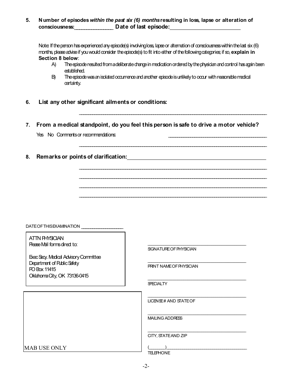 Form DPS301DCMAB 042 Medical Examination Form (Neurological Exam for Seizures) - Oklahoma, Page 4