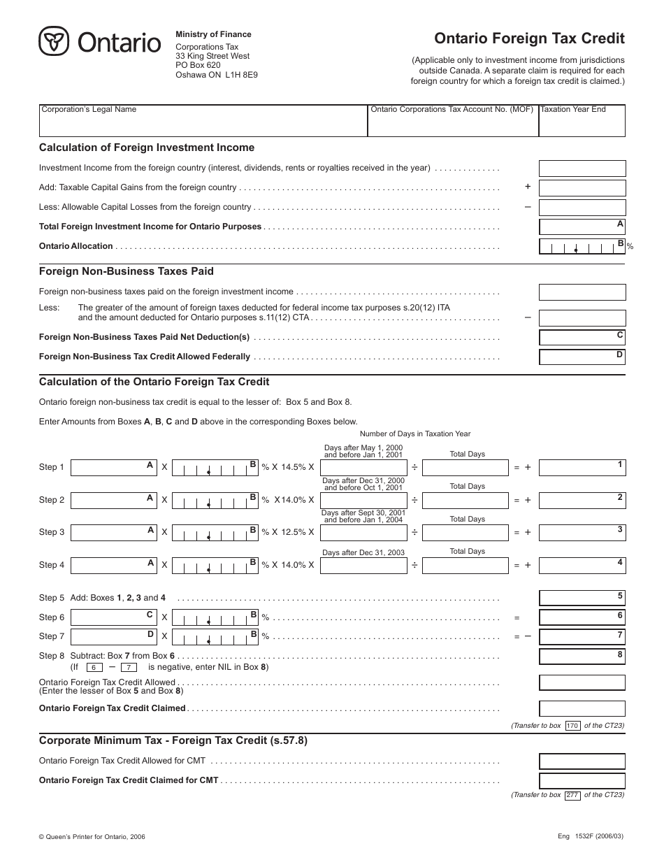Form 1532F Ontario Foreign Tax Credit - Ontario, Canada, Page 1