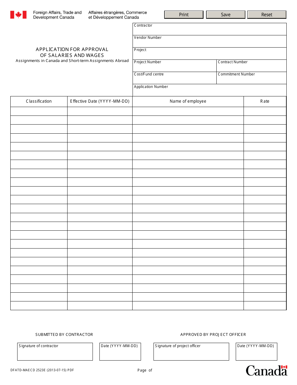 Form DFATD-MAECD2523E Application for Approval of Salaries and Wages - Canada, Page 1