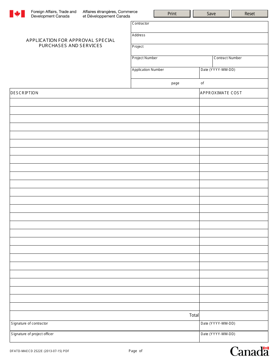 Form 2522E Application for Approval Special Purchases and Services - Canada, Page 1