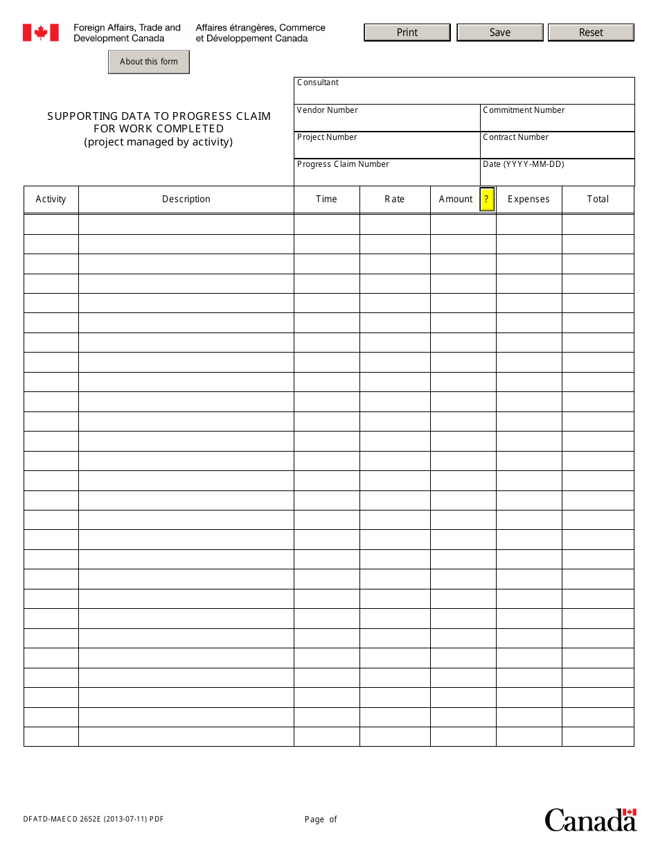 Form DFATD-MAECD2652E Supporting Data to Progress Claim for Work Completed - Canada, Page 1