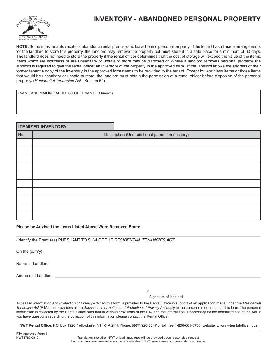 RTA Form 3 Inventory - Abandoned Personal Property - Northwest Territories, Canada, Page 1