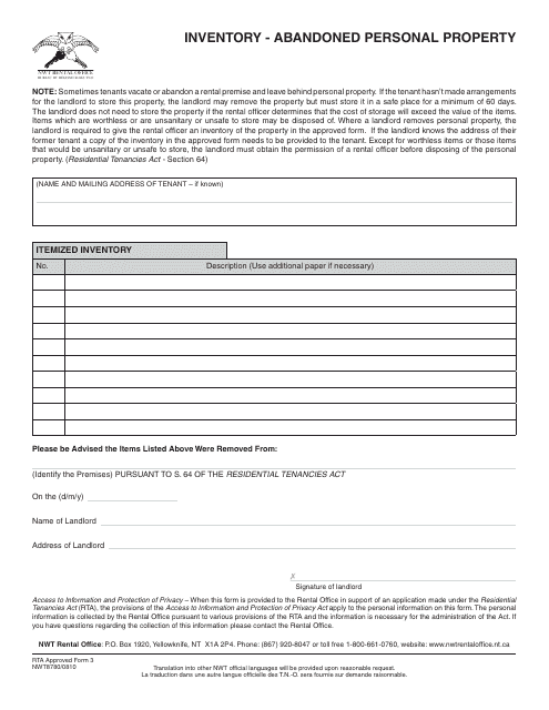 RTA Form 3 Inventory - Abandoned Personal Property - Northwest Territories, Canada