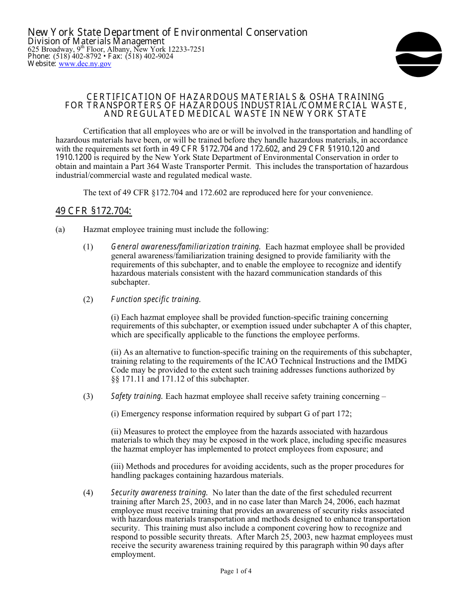 Certification of Hazardous Materials  Osha Training for Transporters of Hazardous Industrial / Commercial Waste, and Regulated Medical Waste in New York State - New York, Page 1