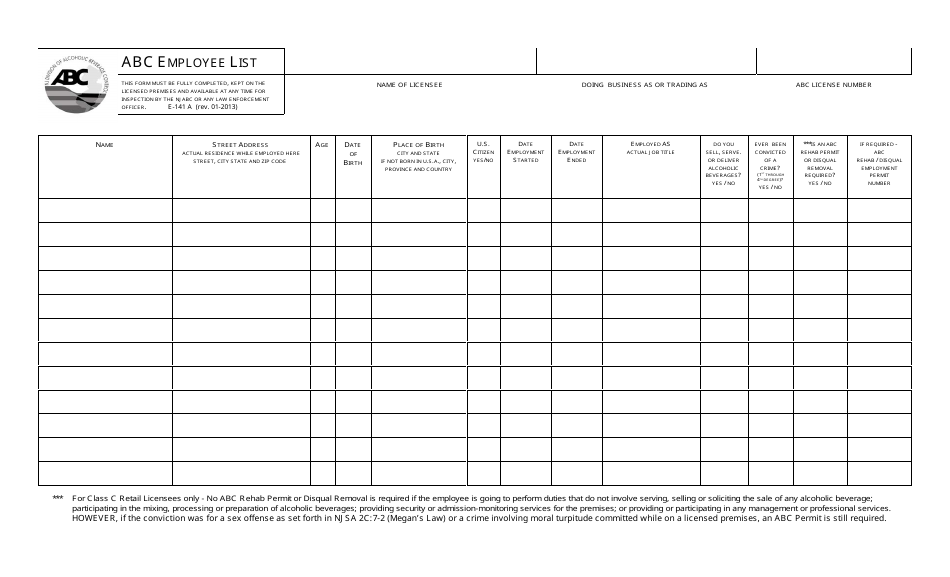 Form E-141 A Abc Employee List - New Jersey, Page 1