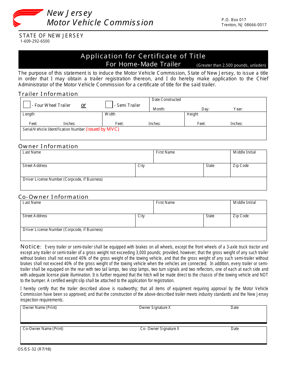 Form OS / SS-32 Application for Certificate of Title for Home-Made Trailer - New Jersey, Page 1