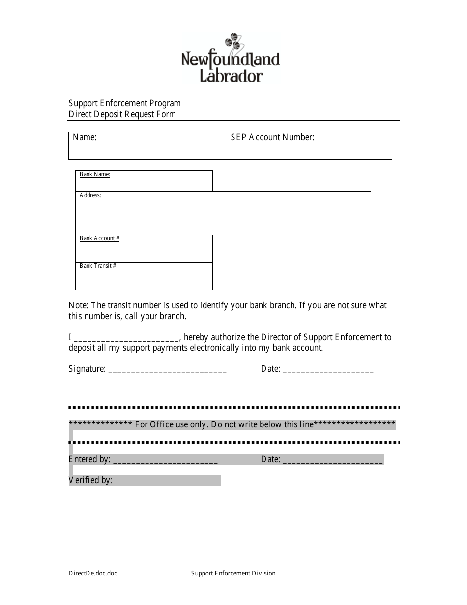 Support Enforcement Program Direct Deposit Request Form - Newfoundland and Labrador, Canada, Page 1