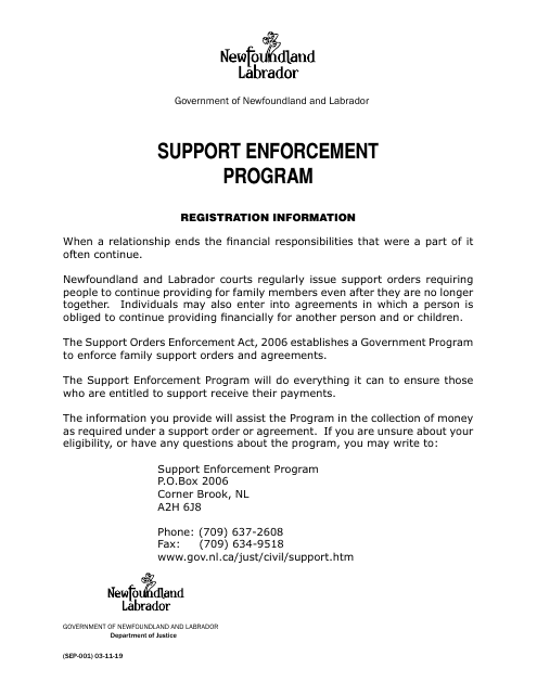Form SEP-001 Support Enforcement Program Registration Form - Newfoundland and Labrador, Canada