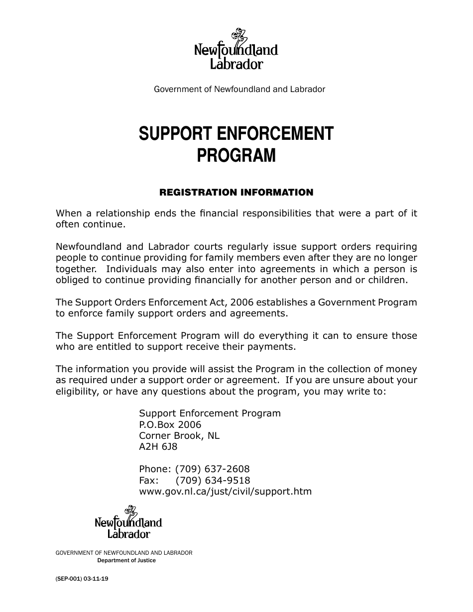 Form SEP-001 Support Enforcement Program Registration Form - Newfoundland and Labrador, Canada, Page 1