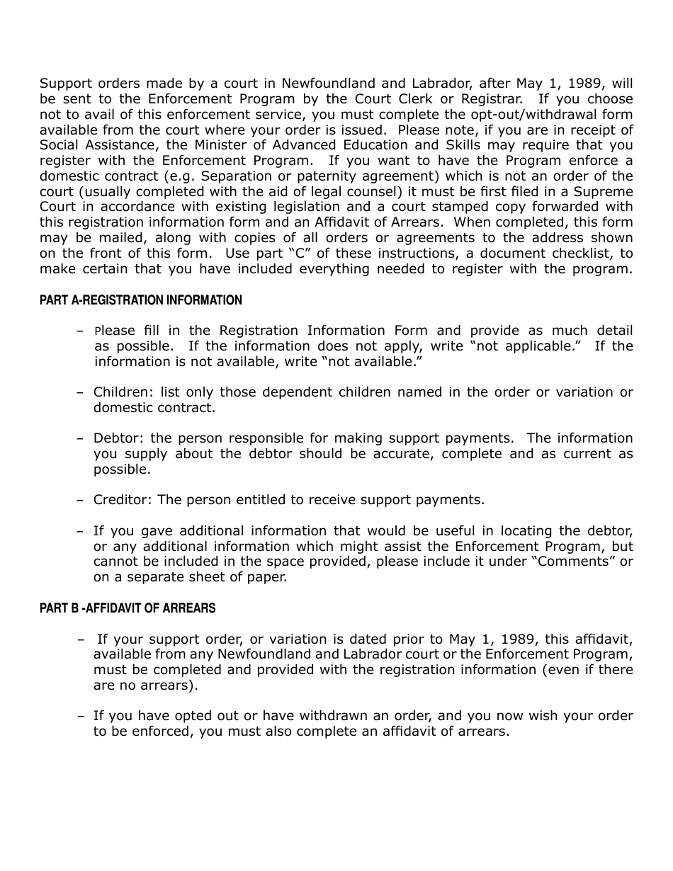 Form SEP-001 Support Enforcement Program Registration Form - Newfoundland and Labrador, Canada, Page 2