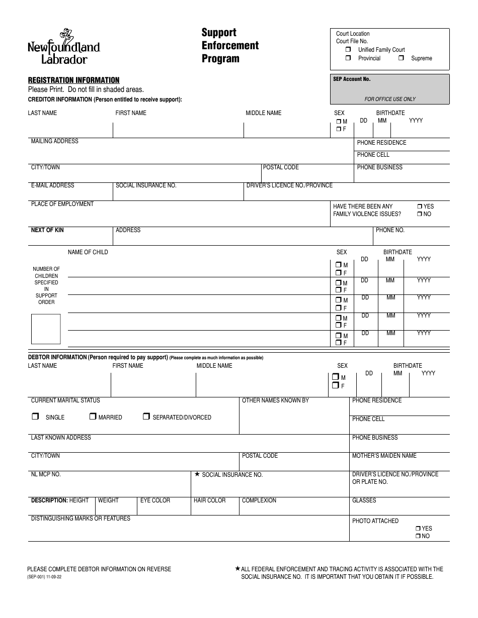 Form SEP-001 Support Enforcement Program Registration Form - Newfoundland and Labrador, Canada, Page 4