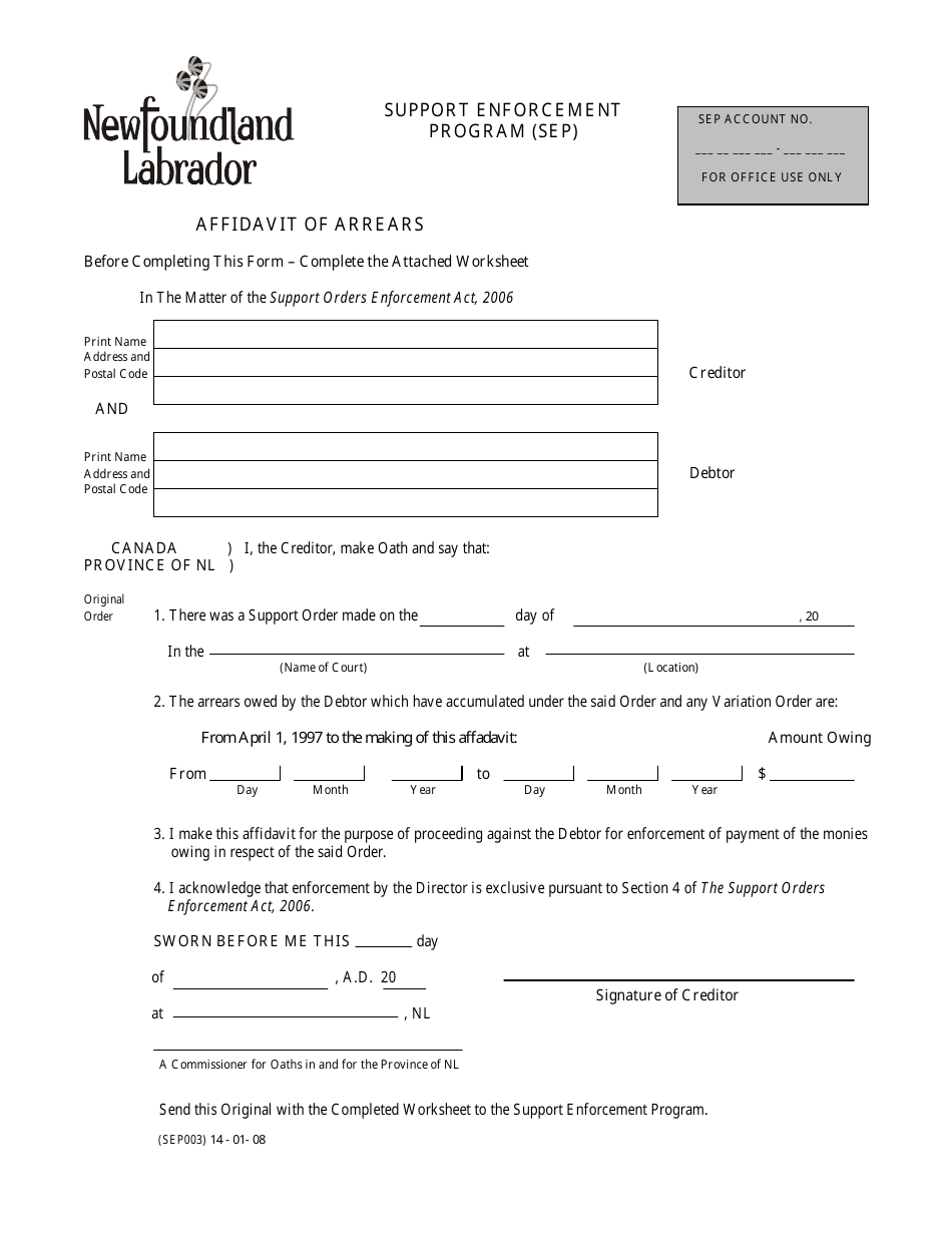Form SEP003 Support Enforcement Program (Sep) Affidavit of Arrears - Newfoundland and Labrador, Canada, Page 1