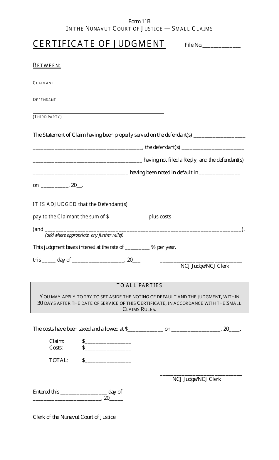 Form 11B Certificate of Judgment - Nunavut, Canada, Page 1