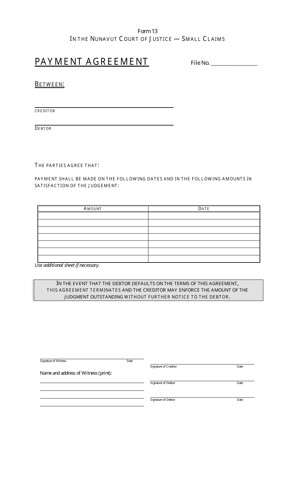 Form 13 Payment Agreement - Nunavut, Canada, Page 1