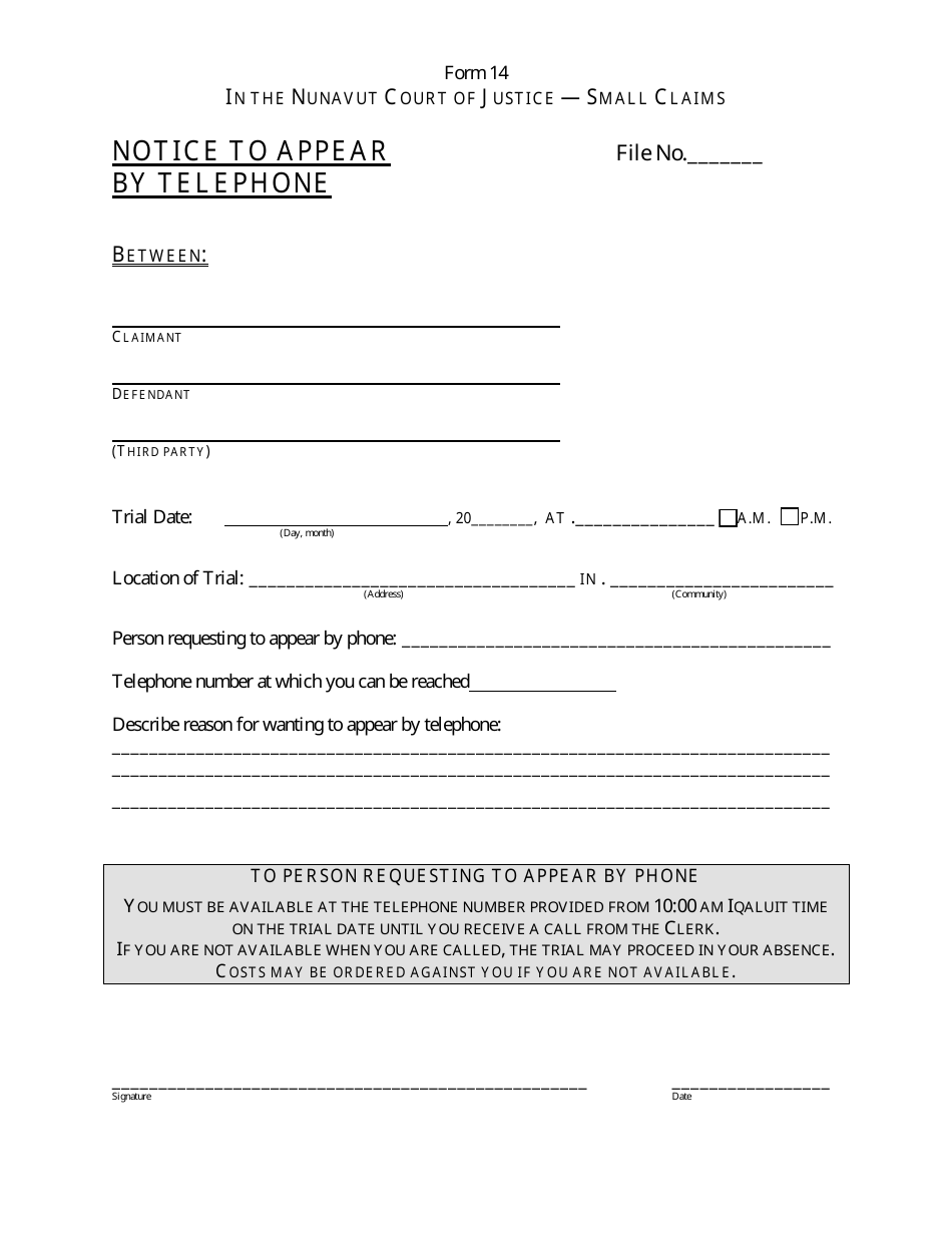 Form 14 Notice to Appear by Telephone - Nunavut, Canada, Page 1